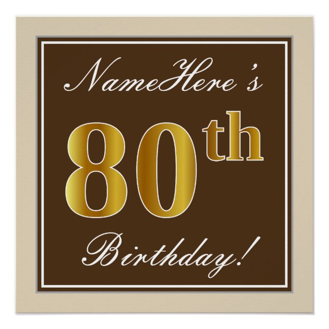 Poster Elégant, Brown, Faux Gold 80e anniversaire + Nom (Devant)
