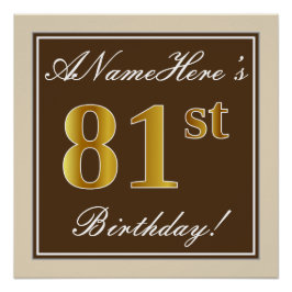 Poster Elégant, Brown, Faux Gold 81ème Anniversaire + Nom