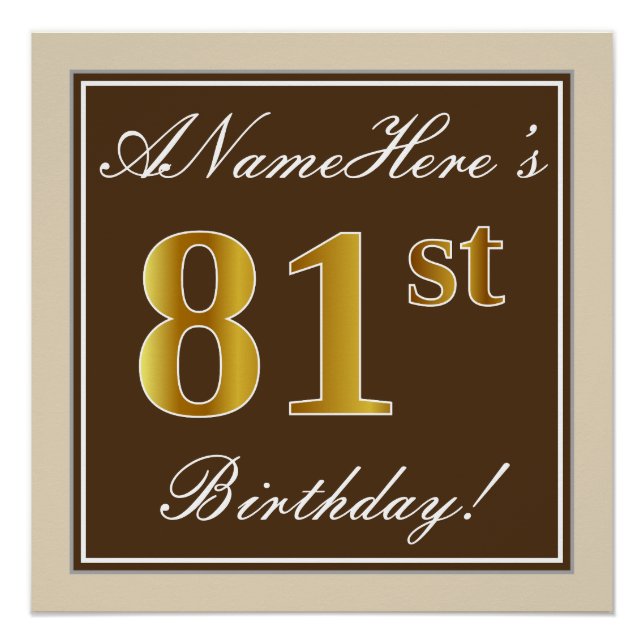Poster Elégant, Brown, Faux Gold 81ème Anniversaire + Nom (Devant)