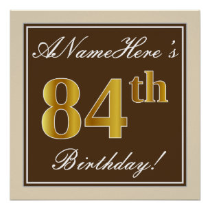 Poster Elégant, Brown, Faux Gold 84ème anniversaire + Nom