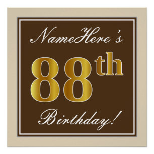 Poster Elégant, Brown, Faux Gold 88ème anniversaire + Nom