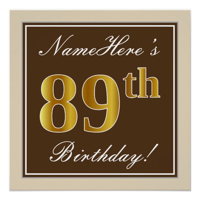 Poster Elégant, Brown, Faux Gold 89ème anniversaire + Nom (Devant)
