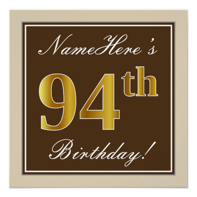 Poster Elégant, Brown, Faux Gold 94ème anniversaire + Nom (Devant)