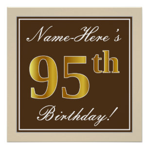 Poster Elégant, Brown, Faux Gold 95ème anniversaire + Nom