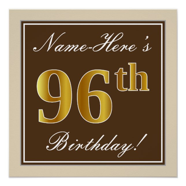 Poster Elégant, Brown, Faux Gold 96ème anniversaire + Nom (Devant)