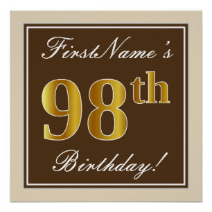 Poster Elégant, Brown, Faux Gold 98ème anniversaire + Nom