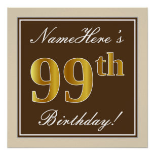 Poster Elégant, Brown, Faux Gold 99ème anniversaire + Nom