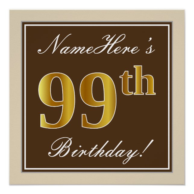 Poster Elégant, Brown, Faux Gold 99ème anniversaire + Nom (Devant)