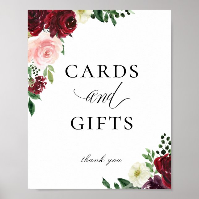 Poster Élégant Burgundy Blush Cartes Florales Cadeaux Sig (Devant)