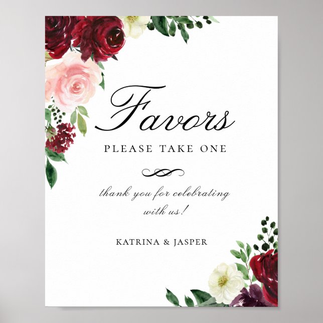 Poster Élégant Burgundy Blush Floral Favoriser Mariage Si (Devant)