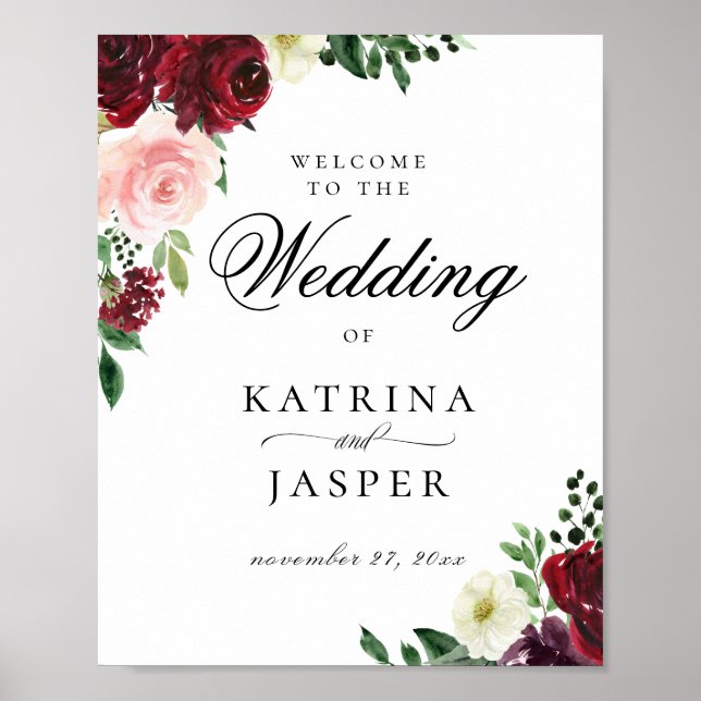 Poster Elégant Burgundy Blush Floral Mariage Bienvenue (Devant)