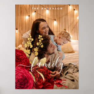 Poster Elegant Burgundy Floral Script Family Photo