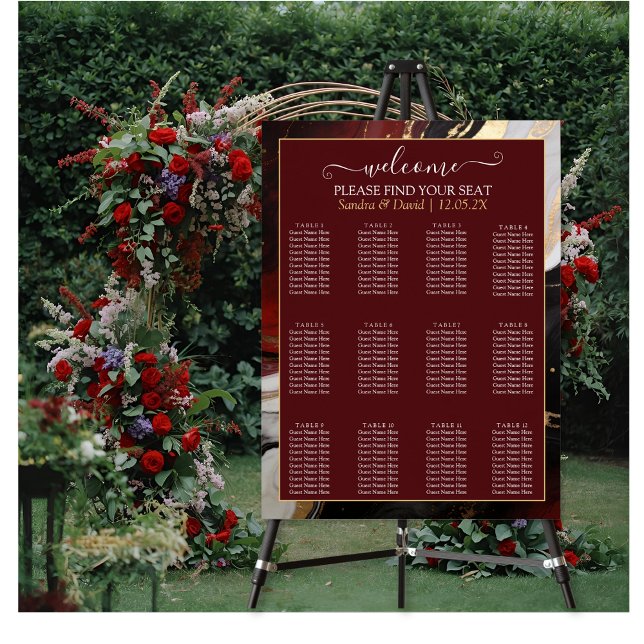 Poster Elegant Burgundy Gold Marble Wedding Seating Chart (Créateur téléchargé)