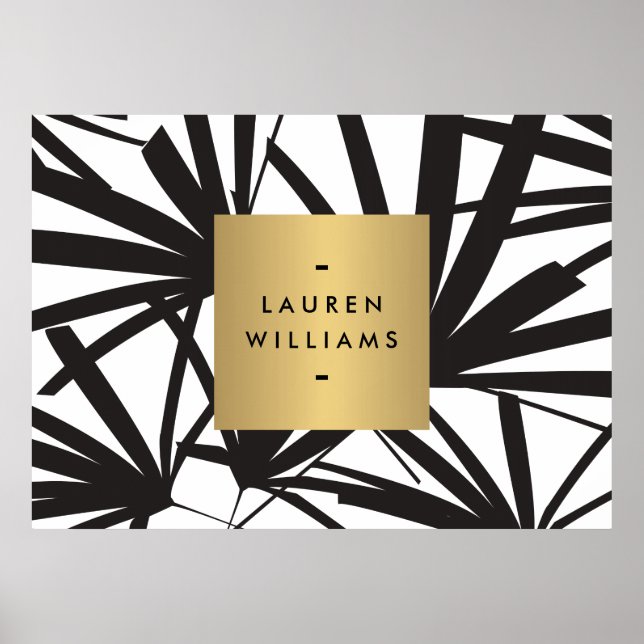 Poster Élégant cadre de palme noir avec logo plaque d'or (Devant)