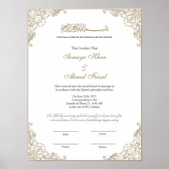 Poster Élégant cadre or musulman nikkah certificat (Devant)