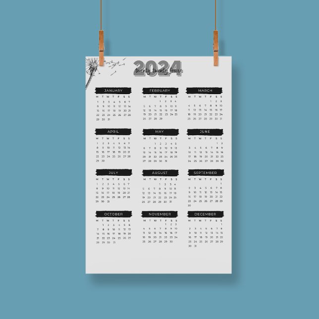 Poster Élégant Calendrier 2024 Moderne noir et blanc (Modern Elegant 2024 Calendar Black And White Poster)