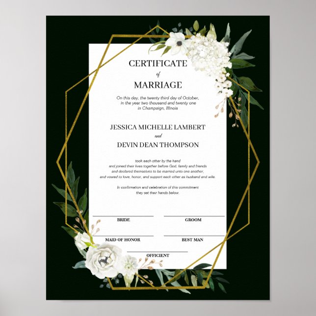 Poster Élégant certificat de mariage de conservation flor (Devant)