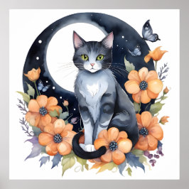 Poster Élégant Chat noir Floral Moon Art Amoureux des cha