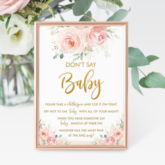 Poster Elegant Chic Blush rose Floral Ne pas dire Baby Ga (don't say baby game sweet blooms blush pink floral flowers gold girl baby shower activities )