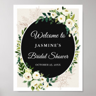 Poster Élégant Chic Vert Blanc Fleurs Panneau de Mariage