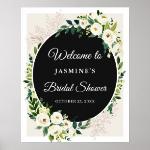 Poster Élégant Chic Vert Blanc Fleurs Panneau de Mariage