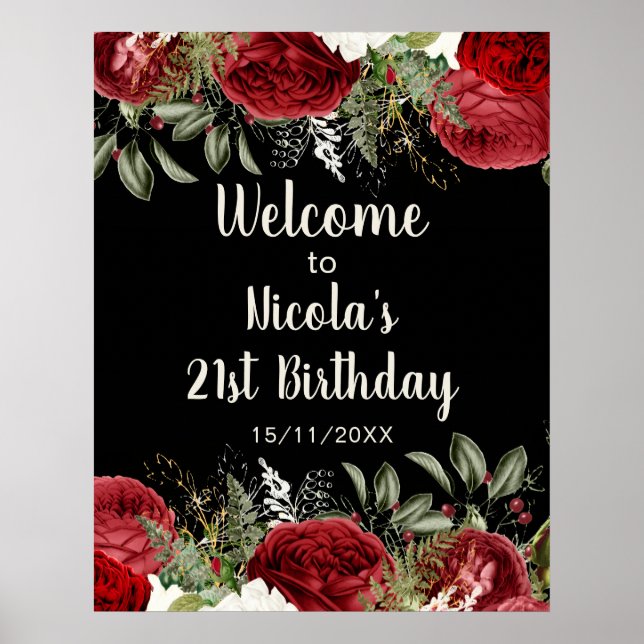 Poster Elegant Christmas Red Flowers Birthday Party (Devant)
