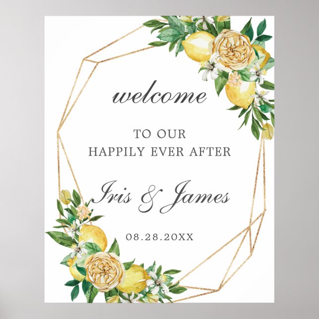 Poster Elégant citron floral Mariage géométrique Bienvenu (Devant)