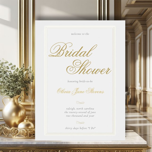 Poster Elégant classique Fête des mariées à trois cadres (formal flourish calligraphy gold ivory white bridal shower triple frame welcome poster)