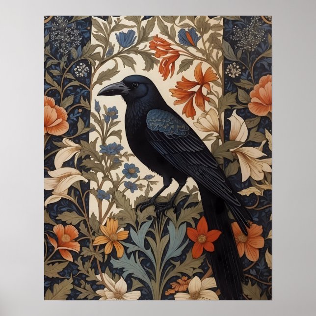 Poster Elégant corbeau noir William Morris Inspiré Floral (Devant)