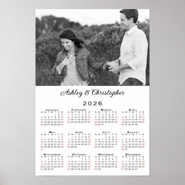 Poster Élégant Couple Photo Names 2026 Calendrier (Devant)
