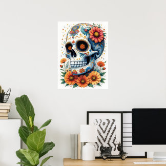 Poster Elégant crâne de sucre avec fleurs