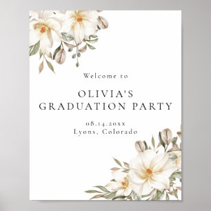 Poster Élégant crème blanc Floral Graduation Bienvenue