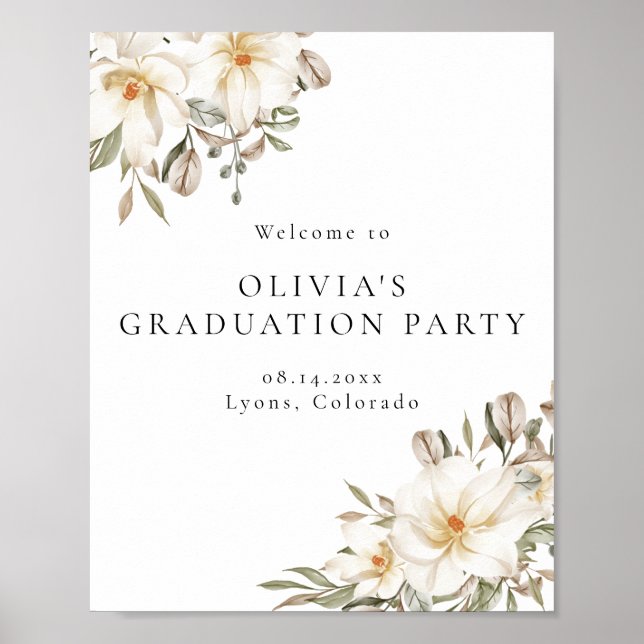 Poster Élégant crème blanc Floral Graduation Bienvenue (Devant)