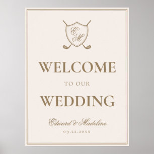 Poster Elégant Crest Monogram Golf Mariage Bienvenue