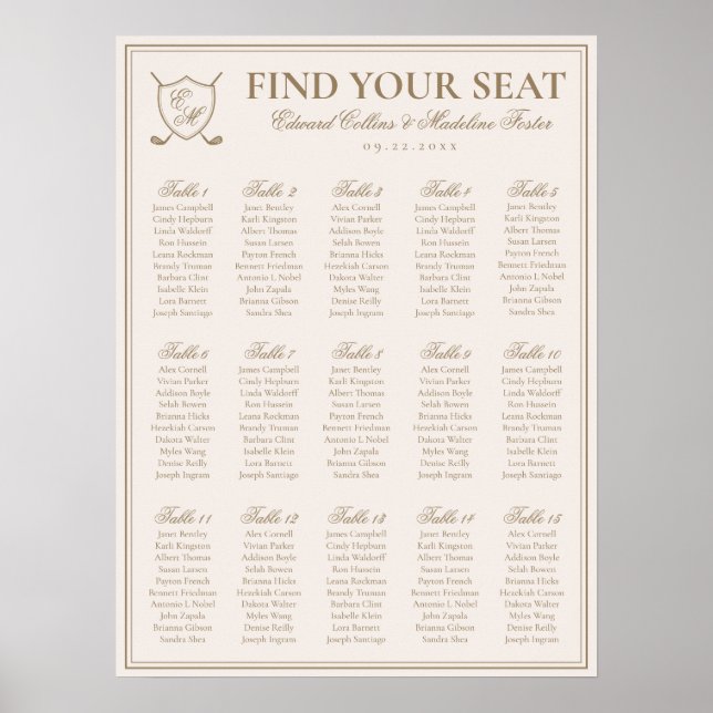 Poster Elégant Crest Monogram Golf Mariage Seating Charts (Devant)
