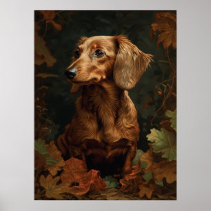 Poster Elégant Dachshund avec feuilles d'automne   Animal