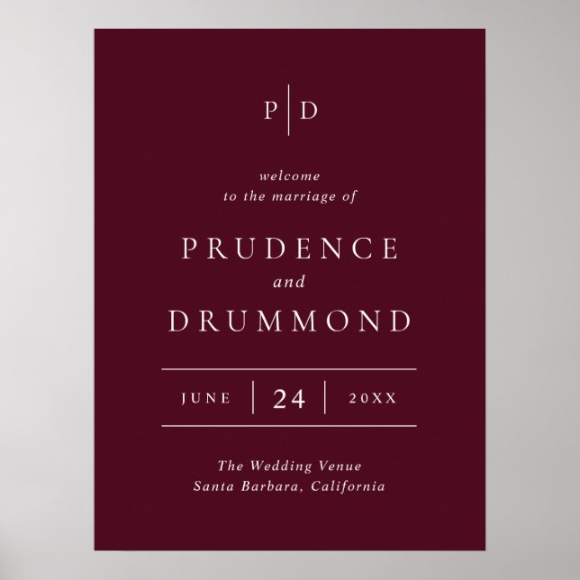 Poster Elegant Deep Burgundy Classic Wedding Welcome Sign (Devant)
