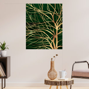 Poster Elégant dessin d'arbre d'automne en or vert