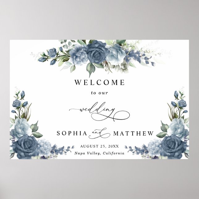 Poster Elegant Dusty Blue Floral Horizontal Wedding (Devant)