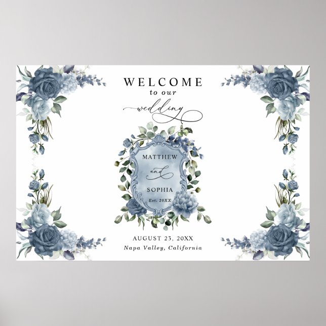 Poster Elegant Dusty Blue Floral Wedding Crest (Devant)