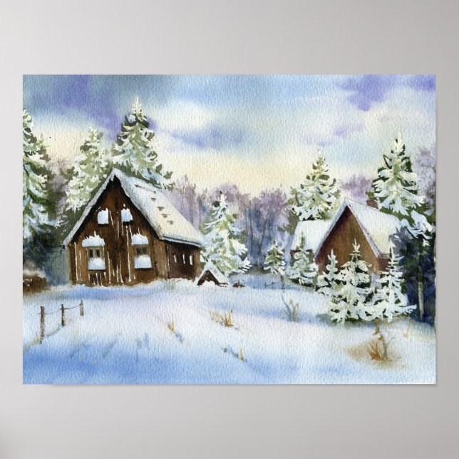 Poster Élégant effet neige d'hiver Maison paysage de forê (Devant)
