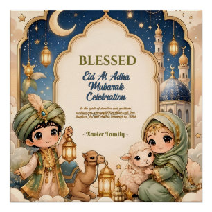 Poster Elegant Eid Al Adha Enfants Mignons Lanterne Dorée