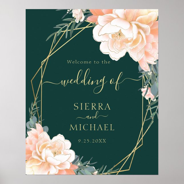 Poster Élégant Emerald Green Peach Floral Mariage (Devant)