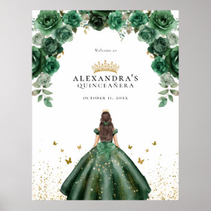 Poster Élégant Emerald Quinceañera Floral Faux Foil