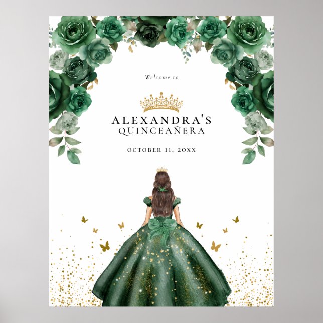 Poster Élégant Emerald Quinceañera Floral Faux Foil (Devant)