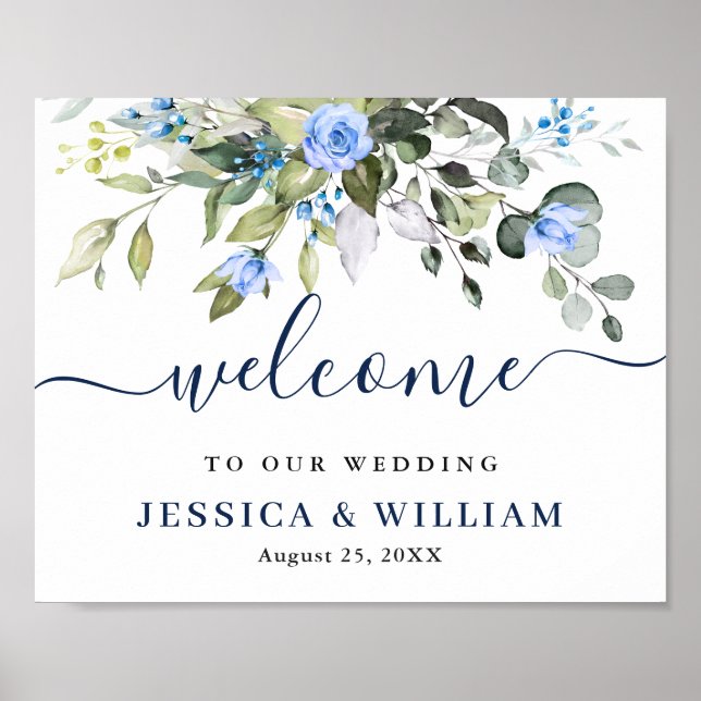 Poster Elégant Eucalyptus Bleu Rose Mariage Bienvenue (Devant)