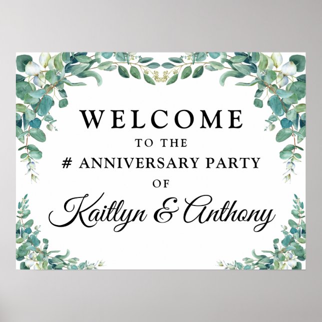 Poster Elegant Eucalyptus d'anniversaire de mariage Bienv (Devant)