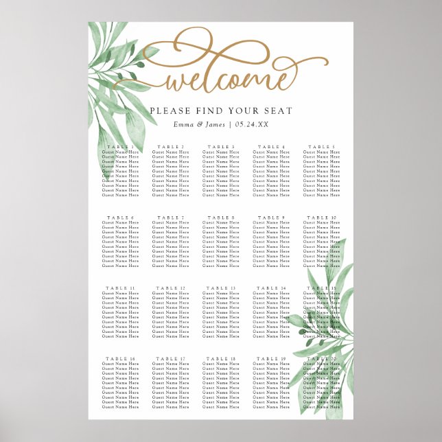 Poster Elégant Eucalyptus Greenery Mariage Seating Chart (Devant)