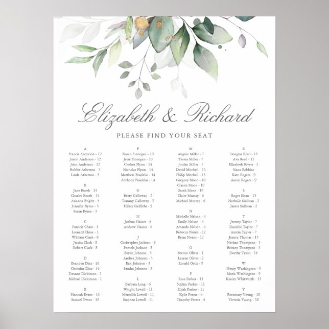 Poster Elégant Eucalyptus Greenery Mariage Seating Chart (Devant)