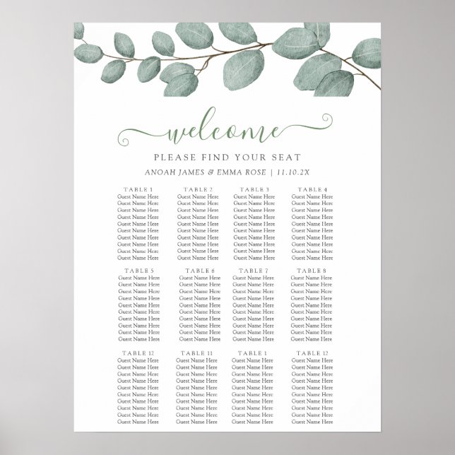 Poster Elegant Eucalyptus Greenery Wedding Seating Chart (Devant)